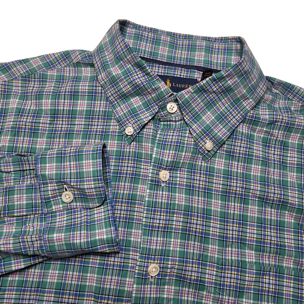 Ralph Lauren Mens Shirt XL Green Blue Plaid Stretch Cotton Classic Fit Pony